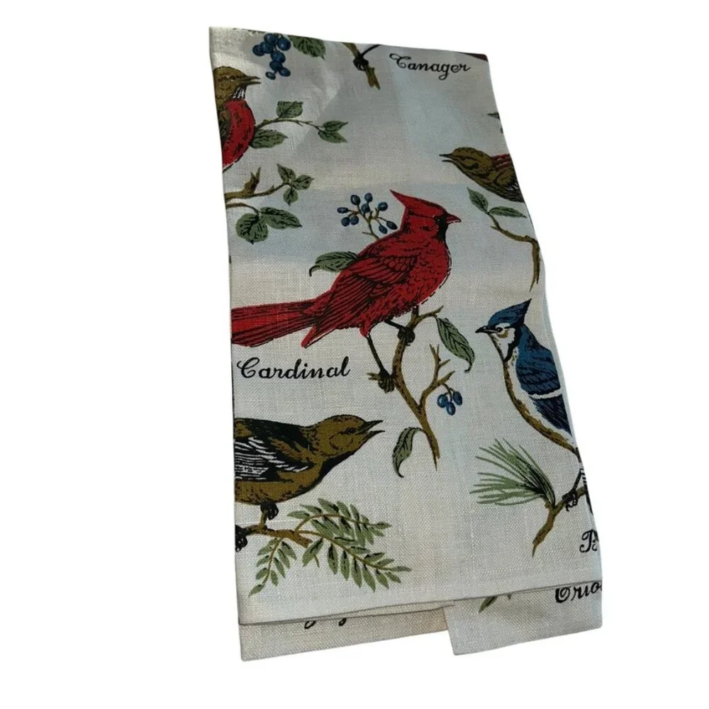 Vintage LINEN NEW red green BIRDS titles print one tea dish towel